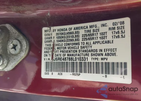 2008 Honda Cr-V Ex-L from USA, damaged, VIN 5J6RE48788L010331